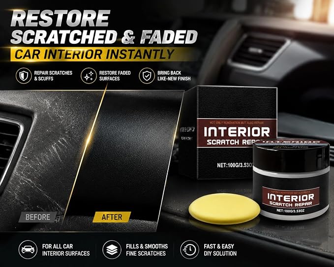 Car Interior Scratch Remover Wax – Dashboard & Leather Repair, 100g | Restores faded plastic and vinyl trim. Fills scuffs and wear marks. Complete DIY kit with sponge for auto renewal