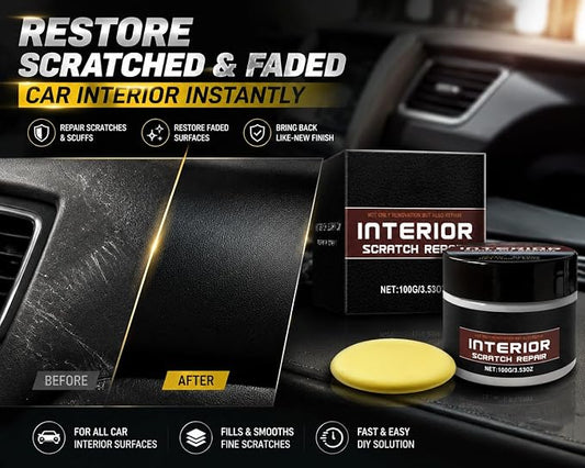 Car Interior Scratch Remover Wax – Dashboard & Leather Repair, 100g | Restores faded plastic and vinyl trim. Fills scuffs and wear marks. Complete DIY kit with sponge for auto renewal