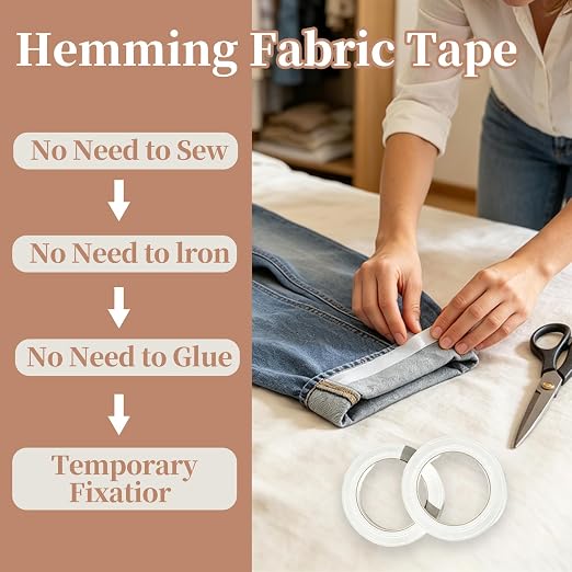 6 Rolls Double Sided Fabric Hem Tape, No Sew No Iron Strong Adhesive Cloth Tape for Clothing Pants Dress Curtain Repair DIY Craft（4 X 0.3 in × 33 ft + 2 X 0.6 in × 33 ft）