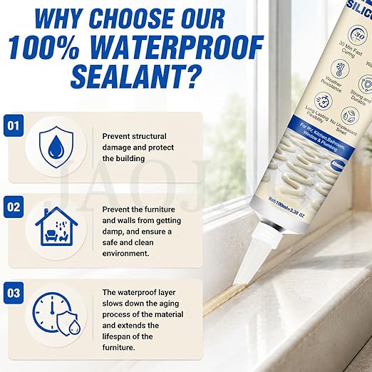Almond Silicone Caulk, Almond Caulk, 100% Waterproof Sealant for Kitchen & Bathroom, Shrink & Crack Proof Caulking for Tub, Shower, Sink & Window, 30-Min Water Ready, 100ML