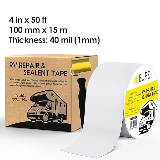 RV Sealant Tape with Roller, White, 4 Inch x 50 Feet, Roof Patch Repair Tape, Roofing Tape for RV, Waterproof Leak Tape for RV Puncture, Boat Sealing, Canopy, Camper, Greenhouse and Tarpaulin