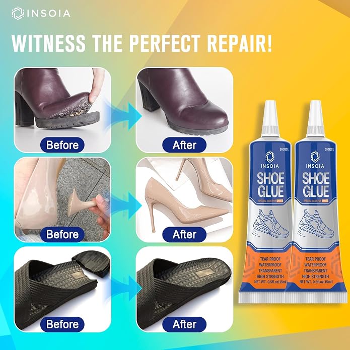 INSOIA Shoe Glue Sole Repair Kit, Heavy Duty Shoe Adhesive, Waterproof, Flexible, Clear-Drying for Sneakers, Boots, Leather, Rubber, Canvas and More - Dries Within 24 Hrs