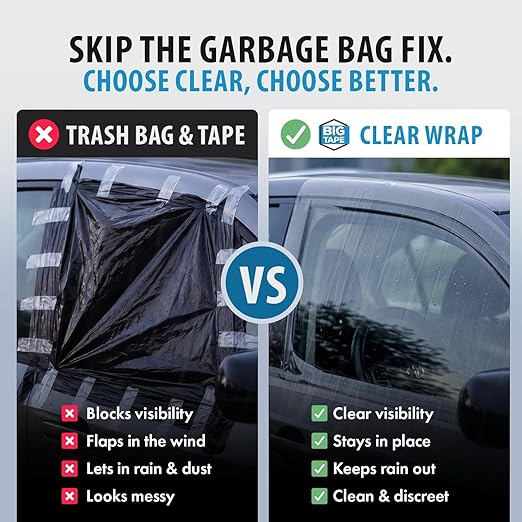 Big Tape Crash Wrap Window Tape – 2 Pack XL 12ft Rolls, 17.5” Wide Temporary Car Window Repair Film for Broken Glass – Waterproof Emergency Window Cover Plastic Film, No Residue, Easy DIY Install