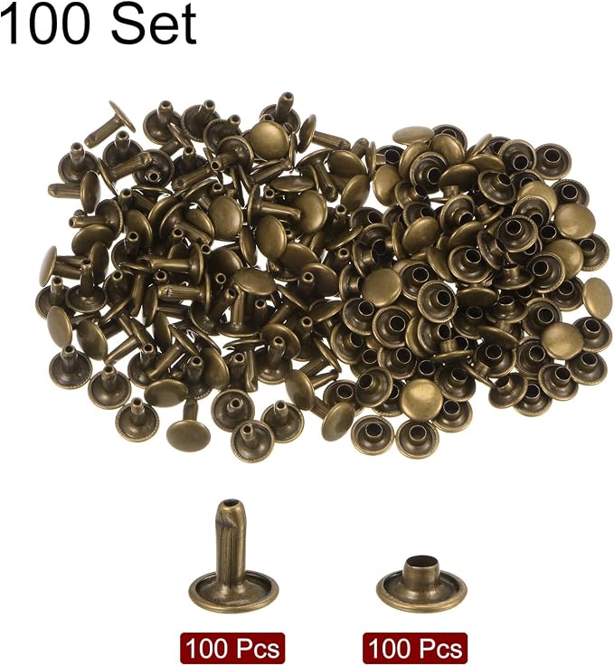HARFINGTON 100 Sets Leather Rivets 10 x 9mm Metal Double Cap Rivet Snaps Studs Fasteners with 3pcs Setting Tools Rivets for Leather Craft DIY Repair Decoration, Bronze