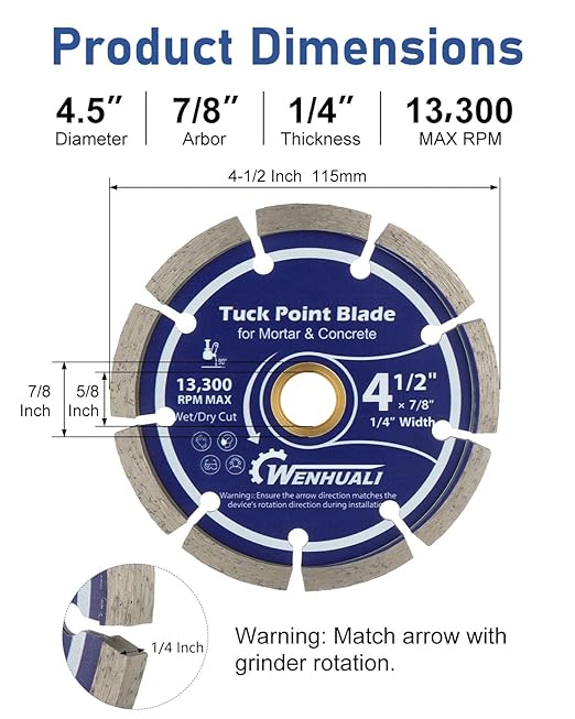 4.5" Diamond Tuck Point Blade for Concrete, 1/4" Thickness – Premium Diamond Blade for Mortar Joint Removal, Concrete & Brick Grout Repair, 7/8" Arbor, Fast Clean Cutting