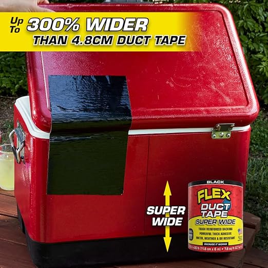 Flex Duct Tape, Super Wide, 4.6 Inches x 20 Feet, Black, Heavy Duty Strong, Multi-Surface, Water, Weather and UV Resistant, Tearable, Perfect for Boxes, No Residue