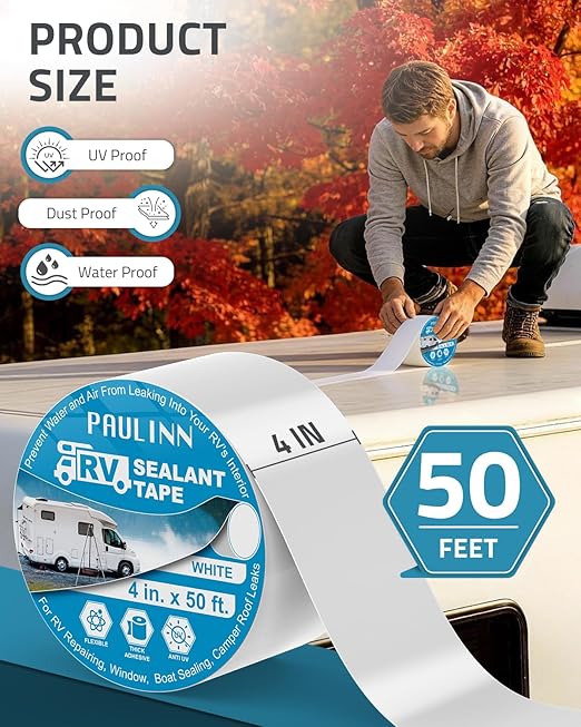 PAULINN RV Camper Roofing Repair Sealant Tape White, 4 Inch X 50 Foot Natural Rubber Roof Sealing Tape, UV & Weatherproof Roof Seal Tape for RV Camper Trailer Boat Sealing Leak Repair