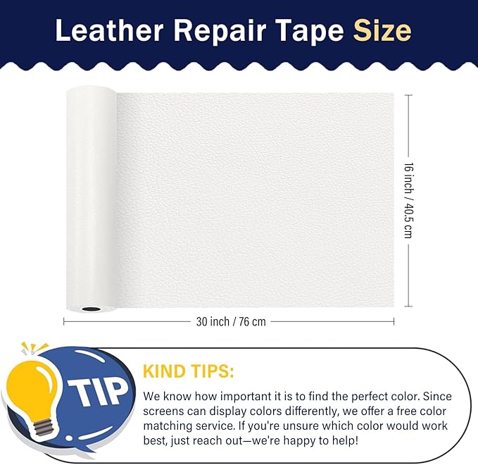 Zenyao Leather Repair Patch Tape - Self Adhesive Leather Repair Kit for Car Seat Furniture, Heavy Duty Vinyl Repair Patch for Couch Sofa, Waterproof for Rips Scratches Tears, 16x30 Inch Roll, White