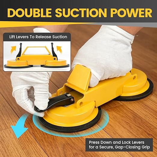 Floor Gap Fixer Tool Kit with Heavy Duty Rubber Mallet, Floor Dual Suction Cup Tool Upgrade 45° Striking Surface for Laminate, Hardwood, and Vinyl Floor (Yellow)