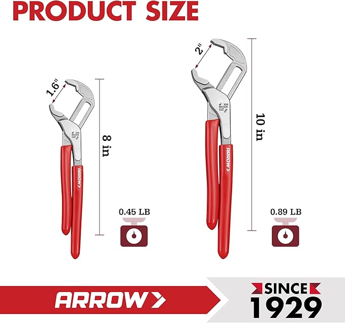 Arrow 2-Piece V-Jaw Groove Joint Pliers Set (8" & 10"), Quick Adjustable Water Pump Pliers with 18 Positions, CR-V Steel, for Plumbing, Automotive, Mechanical Repair and Household Use