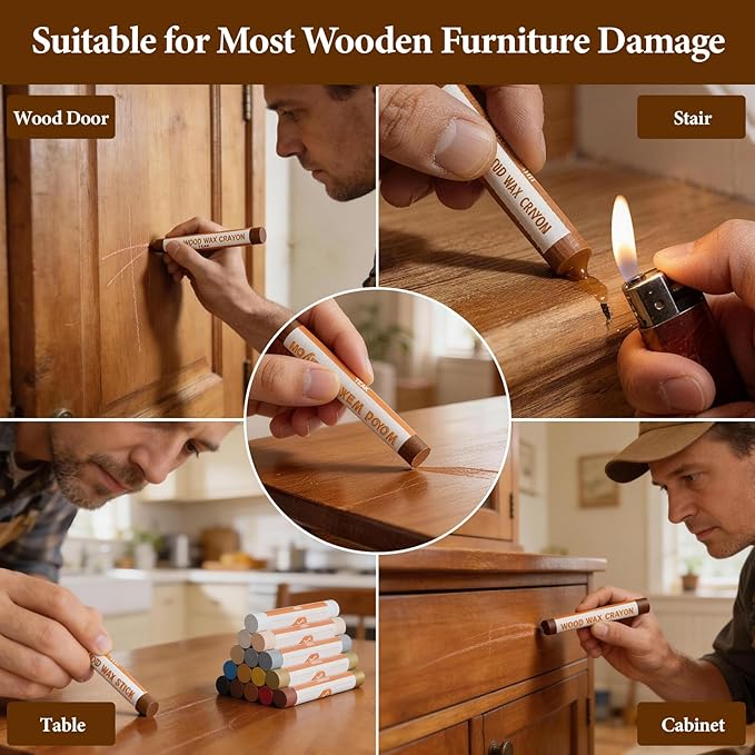 Wood Filler Sticks, 16 Colors Wax Filler Touch Up Pen, Wood Repair Crayons to Fix Scratches, Scuffs, Cracks, Stains and Holes on Hardwood Floors, Furniture, Cabinets, Tables, Doors