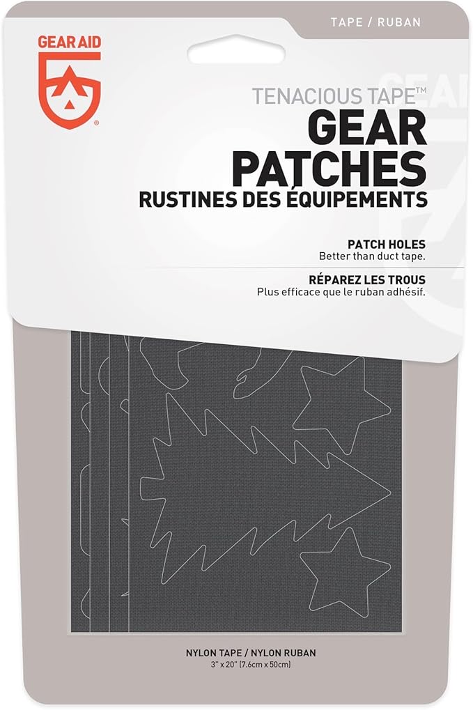 GEAR AID Tenacious Tape Gear Patches for Jacket Repair, Black Nylon, Camping, 3" x 20", 2 Pack
