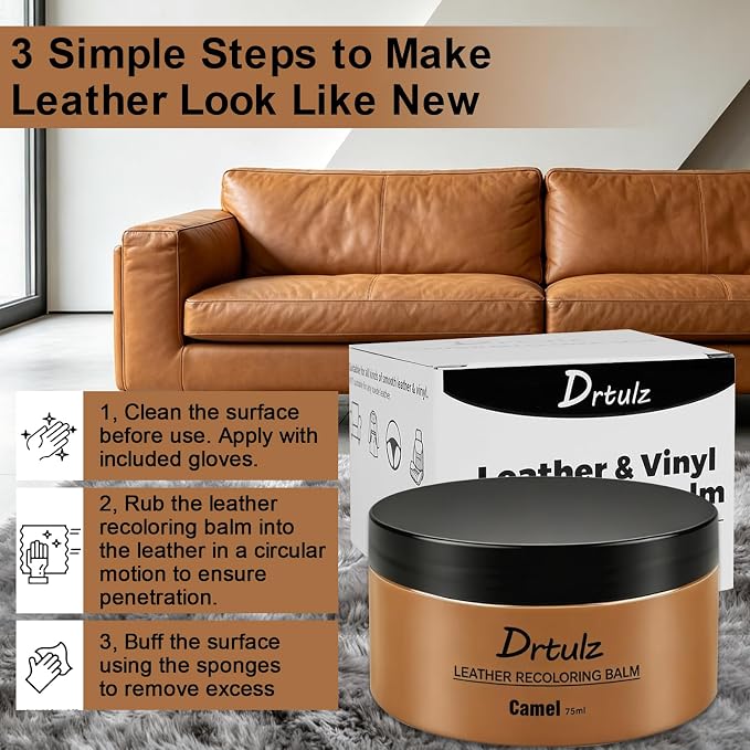 Camel Leather Recoloring Balm, Leather Repair Kit for Furniture, Leather Scratch Remover, Leather Color Restorer for Couch, Car Seats, Shoes - Repair Leather Dye for Scratched and Faded Leather