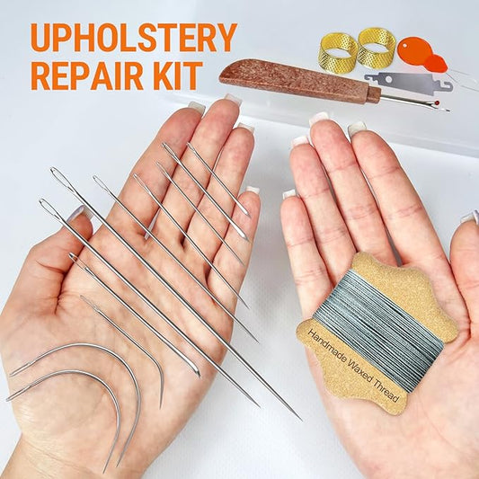 VONEEDL Upholstery Repair Kit: Waxed Sewing Thread (Gray Color) & Heavy Duty Needles (11 PCS) for Leather, Canvas & Quilting Thread