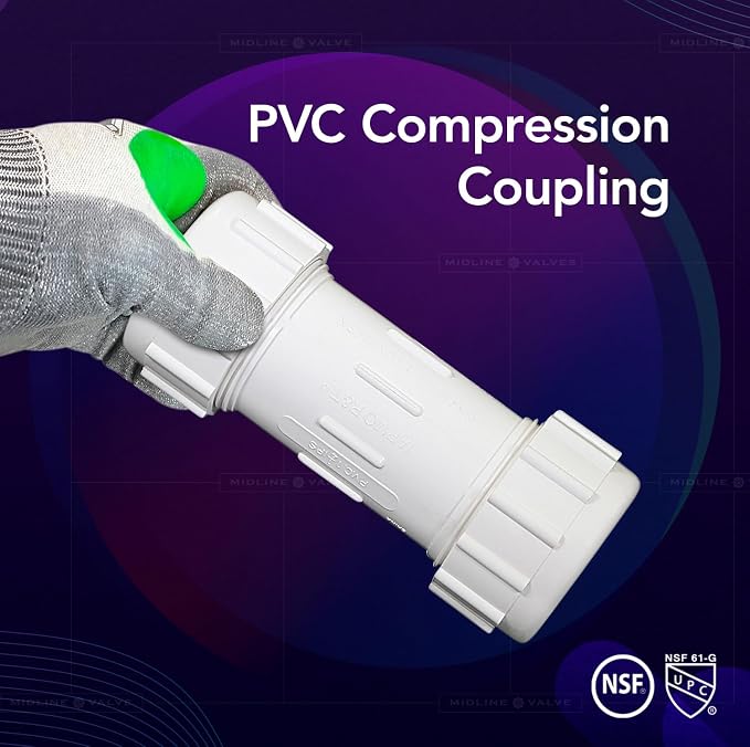 Midline Valve 582DD114 PVC Compression Coupling Pipe Fitting; 1-1/4 in.; White Plastic