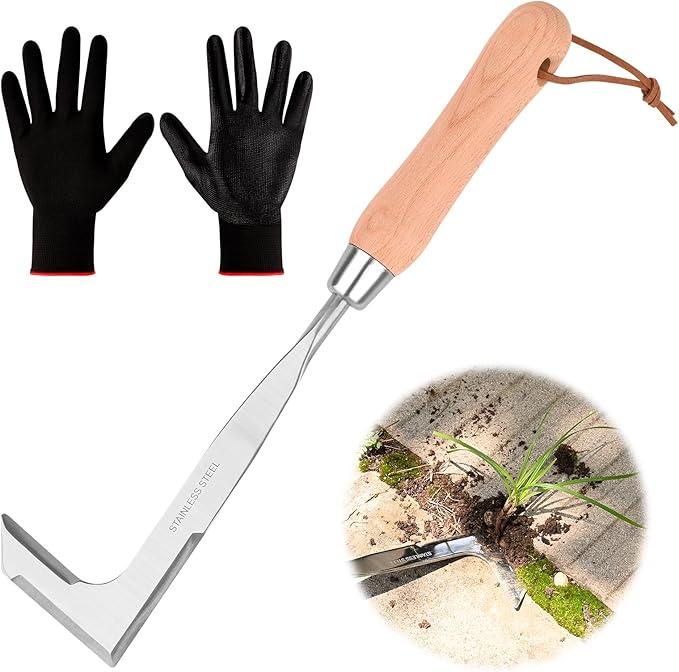 BokingOne 3-Sided Crevice Weeder - 12.6" Stainless Steel Garden Weeding Tool with Beech Handle, L-Shaped Crevice Weeder Sickle for Garden Lawn, Yard Patio Terrace, Paving Gaps