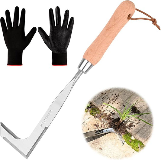 BokingOne 3-Sided Crevice Weeder - 12.6" Stainless Steel Garden Weeding Tool with Beech Handle, L-Shaped Crevice Weeder Sickle for Garden Lawn, Yard Patio Terrace, Paving Gaps