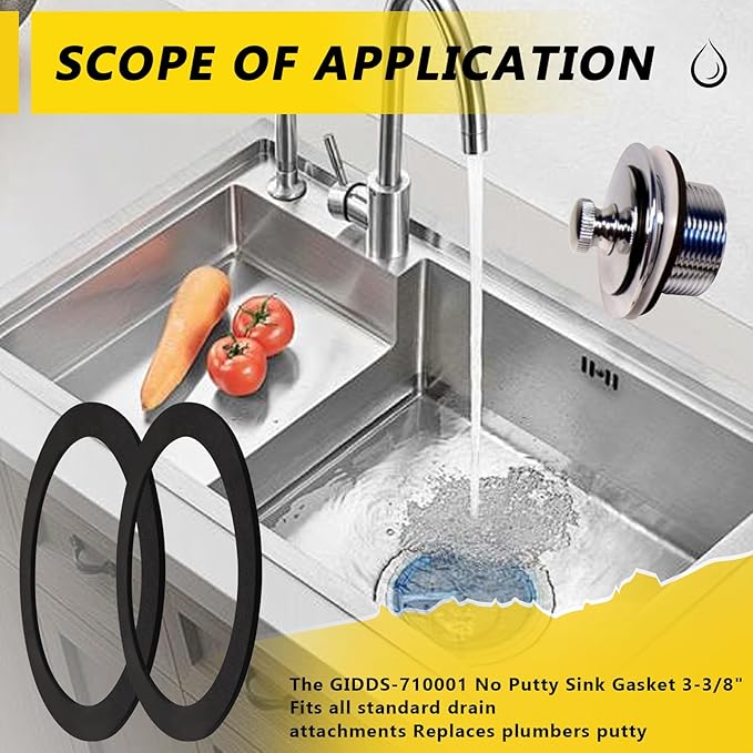 GIDDS-710001 No Putty Sink Gasket 3-3/8", Fits All Standard Drain Attachments,Self-Adhesive Kitchen Sink Drain Gasket Seal, Replaces Plumbers Putty for Sink Drain (2-Pack)