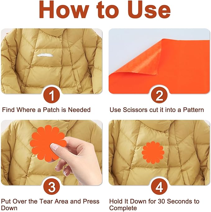 Self-Adhesive Nylon Patches Tent Repair Kit – Outdoor Gear Tenacious Repair Tape, Waterproof Fabric Patches for Clothes, Tent, Down Jacket, Backpack (8pcs, Orange