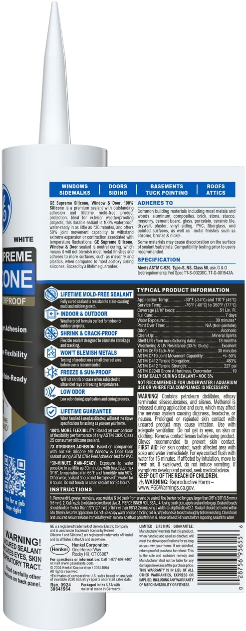 GE Supreme Silicone Window & Door Sealant, White, 10.1 fl oz Cartridge, Pack of 1