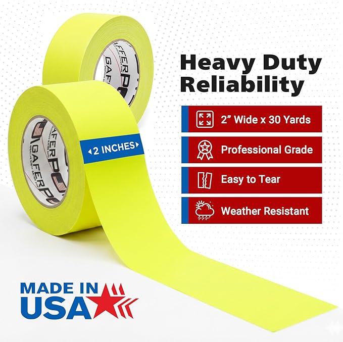 Gaffer Power Fluorescent Yellow Gaffer Tape 2 Inch x 30 Yards – High Visibility, Non-Reflective, Professional Grade Cloth Tape for Stage, Marking & Cable Management – Made in USA