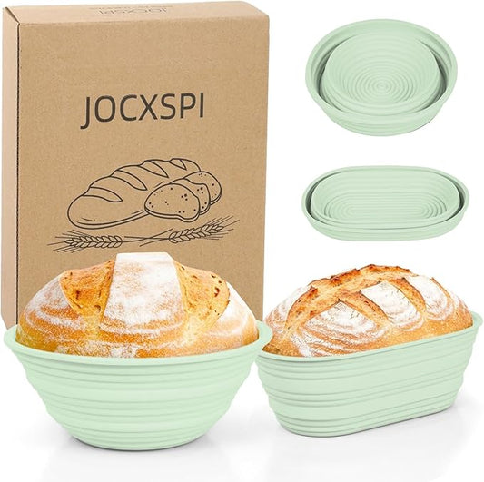 2Pcs Upgraded Silicone Banneton Bread Proofing Baskets, JOCXSPI 10" Oval & 9" Round Foldable Sourdough Bread Dough Proofing Bowl, BPA Free, Non-Stick, Oven & Dishwasher Safe