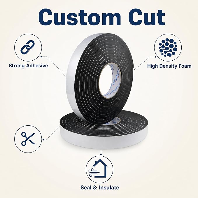 Seal Foam Tape,1/4" Thick-1"-16.5ft 2Rolls, Weather Stripping for Door and Window,High Density Single Sided Closed Cell Door Insulation Weather Strip, Black