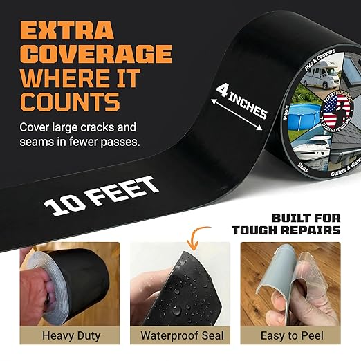 TITANPATCH PRO Waterproof Sealant Tape – Black 4" x10' – Stops Leaks Fast & Stays Sealed for 15+ Years – Sticks to RVs, Roofs, Pools, Boats, Gutters – Built for Harsh Weather (-40°F to 190°F)