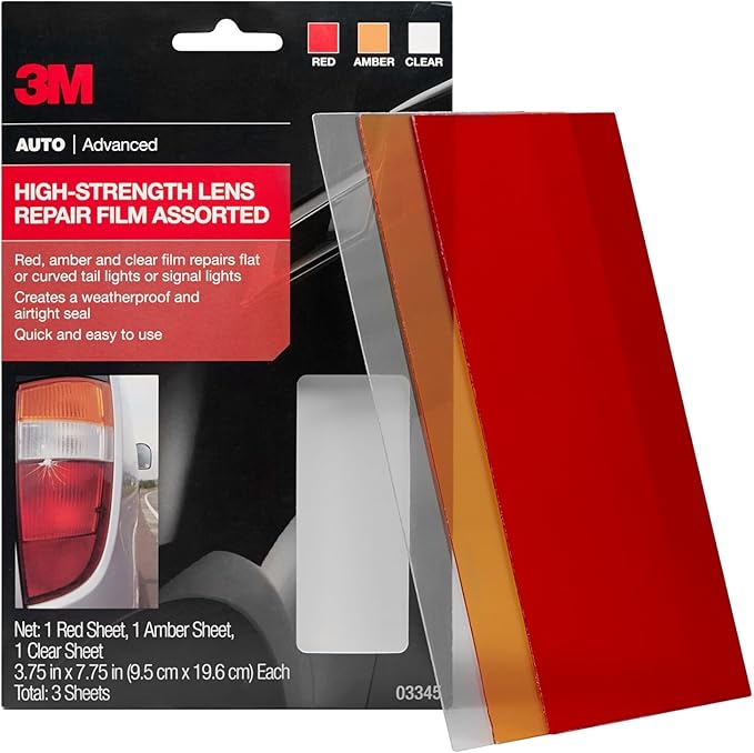 3M Auto High-Strength Lens Repair Film, 3.5 in x 7.75 in, Assorted Sheets: Red / Amber / Clear, Weatherproof & Airtight Seal, Flexible Film Repairs Flat or Curved Lenses on Truck & Car Lights (03345)