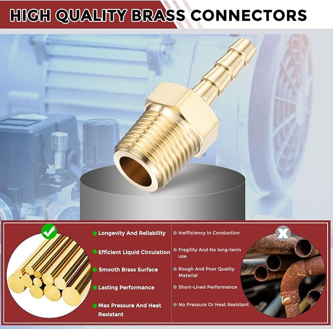 Pack of 6 Brass Hose Barb Fittings Adapter Connector 5/32" Hose Barb to 1/8" NPT Male Fittings for Home Machines, Massage Bathtubs, and Irrigation Systems