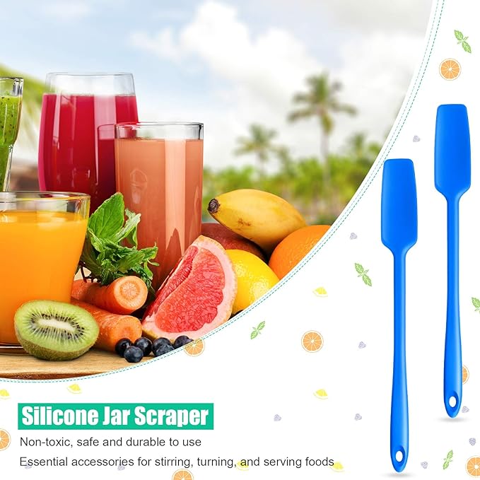 Patelai 2 Pieces Silicone Jar Spatula with Long Handle Heat Resistant Kitchen Scraper Spatula Non Stick Rubber Silicone Scraper for Jam Smoothies Blenders Cooking Baking Stirring (Blue)