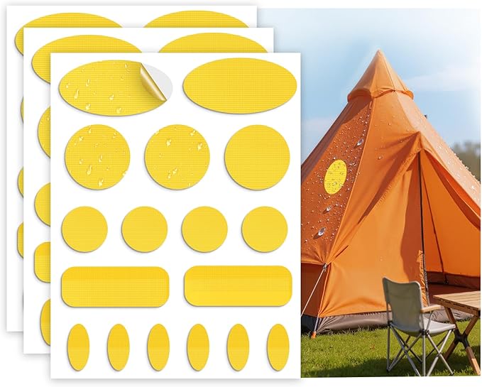 Waterproof Self-Adhesive Fabric Repair Tape - Tent Repair Kit,51pcs Nylon Fabric Patches for Tent, Jacket, Clothes, Puffer Down Jacket,Sleeping Bag, Outdoor Gear Tenacious Repairs Tape, Yellow