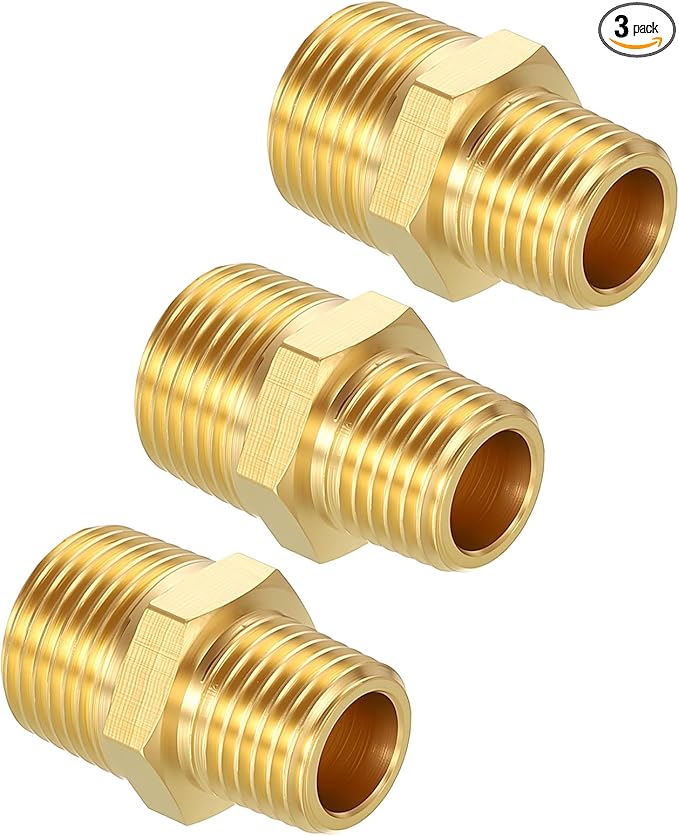 Pack of 3, 3/8" NPT Male to 1/4" NPT Male Solid Brass Hex Nipple Hose Connectors, Male Pipe Adapter for Pipe Leak Repair, Bathroom Remodeling, Tool Extensions, Compression