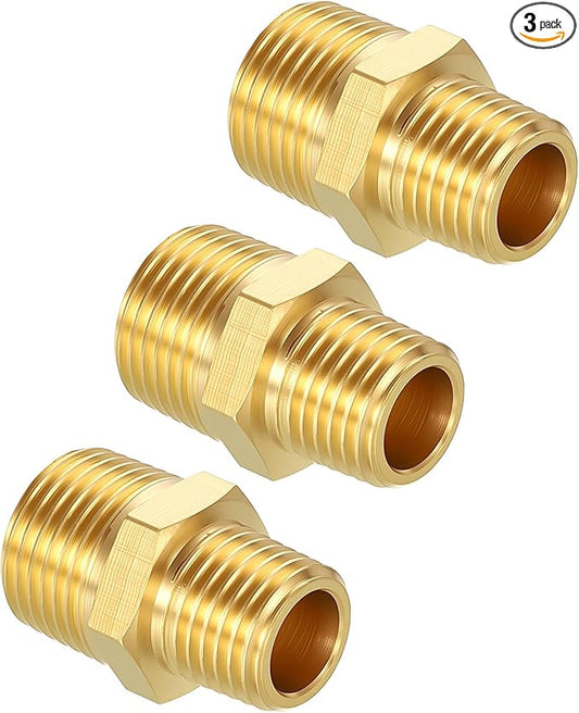 Pack of 3, 3/8" NPT Male to 1/4" NPT Male Solid Brass Hex Nipple Hose Connectors, Male Pipe Adapter for Pipe Leak Repair, Bathroom Remodeling, Tool Extensions, Compression
