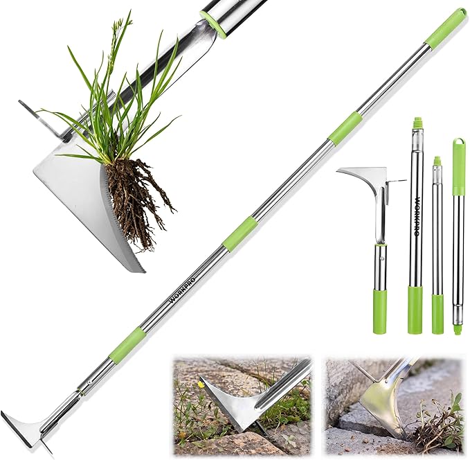 WORKPRO Crack Weeder, Stainless Steel Crevice Weeding Tool with Adjustable Long Handle(27"-54"), L-Shaped Weed Removal Scraper, for Garden Lawn Yard Patio Terrace Paving Garden Hand Tool