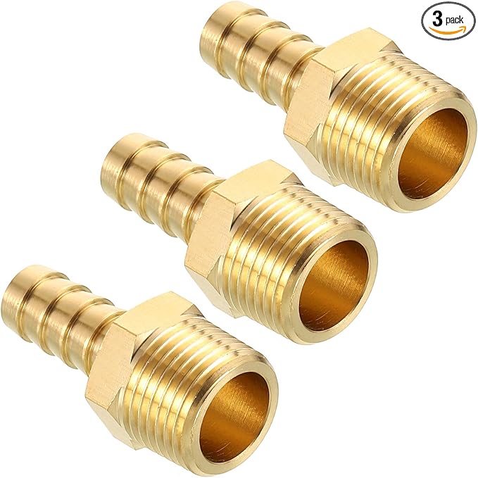 Pack of 3 Brass Hose Barb Fittings 3/8" Hose Barb to 3/8" NPT Male Fittings