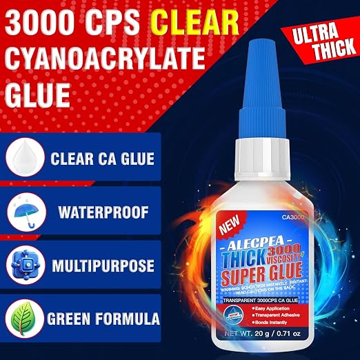 20g Thick CA Glue (3000 CPS), Instant Clear Cyanoacrylate Glue for Wood, Glass, Metal, Paper, Leather, Plastic, Ceramic, Rubber, Jewelry, Woodworking, Hobby Models, and Craft Project