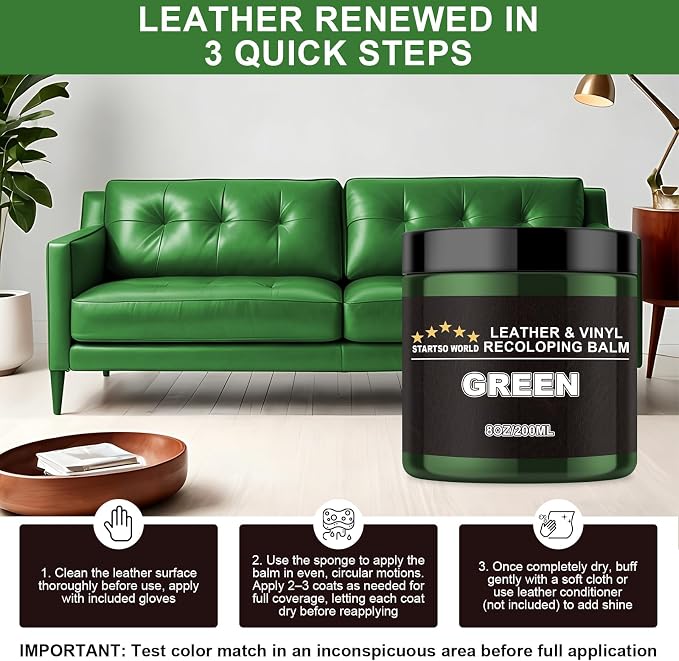STARTSO WORLD Leather Recoloring Balm, Pine Green Leather Repair Kit for Furniture, Leather Dye, Leather Color Restorer for Couches, Leather Couch Paint | Repair, Restore & Renew Old, Faded Leather
