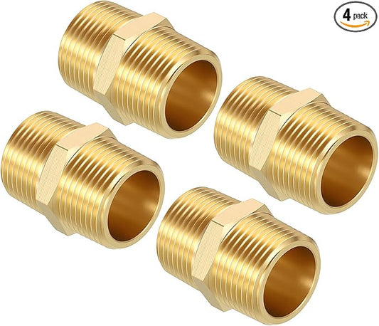 Pack of 4, 3/4" Male NPT to 3/4" Male NPT Solid Brass Hex Nipple Hose Connectors, Male Pipe Adapter for Pipe Leak Repair, Bathroom Remodeling, Tool Extensions, Compression