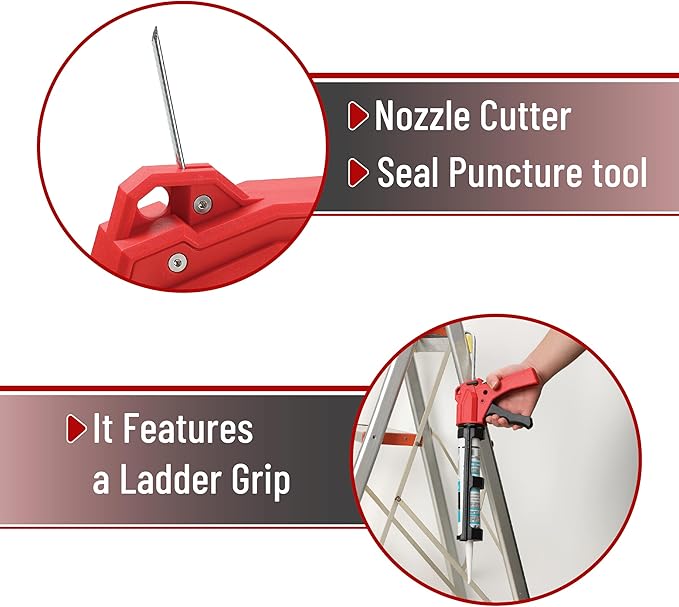 Bates- Caulking Gun Tool, 10:1 Thrust Ratio, Black & Red, 360° Rotating Plastic Barrel, Caulk Gun with Spout Cutter, Seal Puncture Tool, Built-in Scraper and Finishing Tool