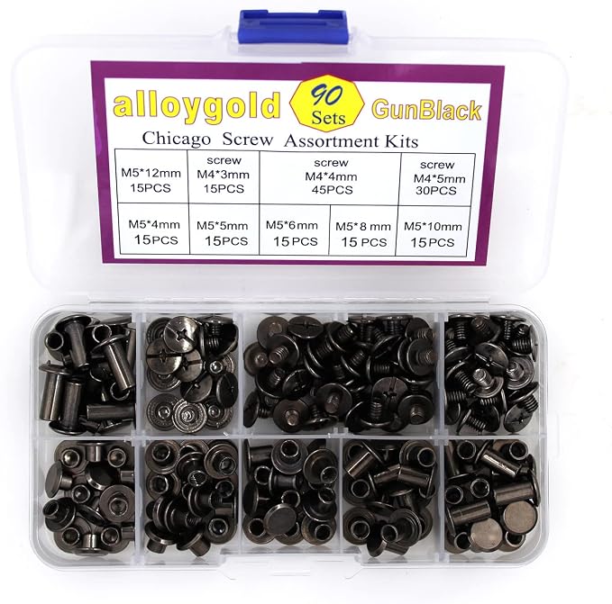 Black Chicago Screw Leather Assorted Kit, 90 Sets, 6 Sizes | M5 X 4, 5, 6, 8, 10, 12, Screw Rivets for Leather, For DIY Leather Craft, For Bookbinding