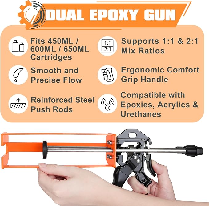 Dual Component Caulking Gun 450ML / 600ML / 650ML (1:1 & 2:1), Manual 2 Part Epoxy Gun for Panel Bonding Adhesive, Structural Epoxy, Plastic & Fiberglass Repair