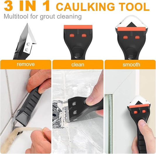 Silicone Caulking Tool Kit 3-in-1: Grout Sealant Remover Finishing Scraper Tools - Easy Caulk Removal Sealing Smoothing Bathtub Toilet Bathroom Shower Corner Tiles Joint Floor Sink
