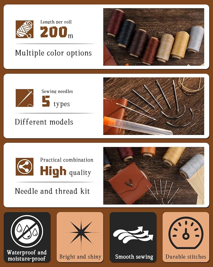 DIUDUS 218 Yards Upholstery Thread, Heavy Duty Sewing Kit with Waxed Thread 9 Upholstery Needle for Hand Stitching Bookbinding Repair Canvas Sofa Leather Shoes