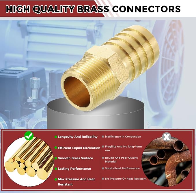 Pack of 4 Brass Hose Barbs Fittings 1" Hose Barbs to 1/2" NPT Male Fittings for Home Machines, Massage Bathtubs, and Irrigation Systems