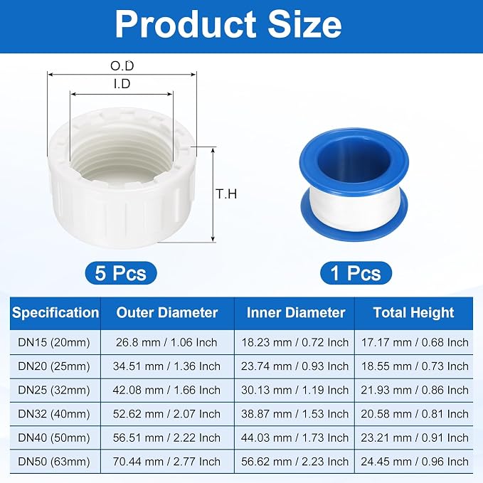 uxcell 5Pcs 3/4 Inch PT Female Thread PVC Pipe Fitting Cap, Cleanout Water Drain End Caps, Pipe Plug Socket Fittings with Tape for Water Heater Supply Lines, Plumbing, White