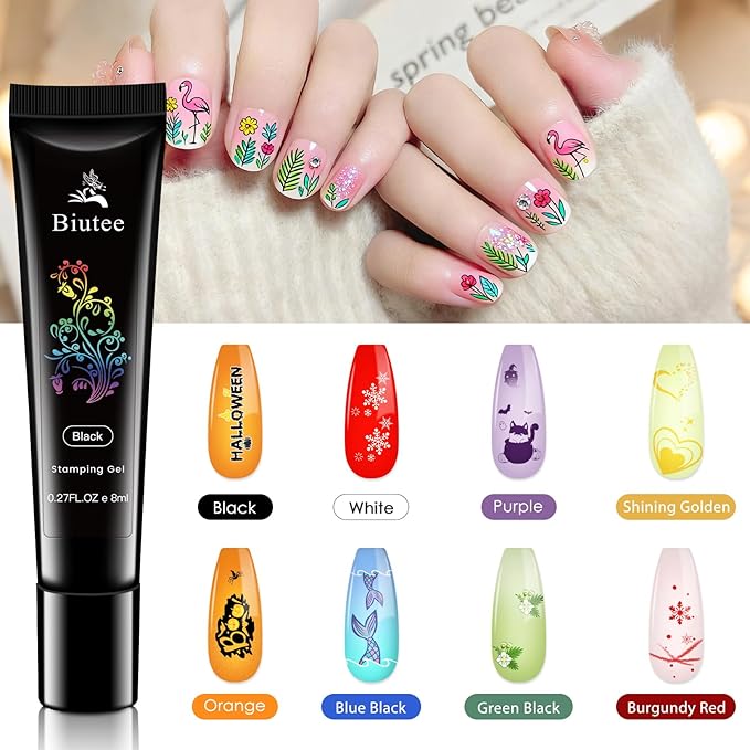 Biutee Nail Stamping Kit 15Pcs Nail Art Stamping Plate Set 8 Colors Nail Stamping Gel Polish, Nail Stamper and Scraper with Storage Bag, Nail Stamper Kit Flower Leaves Star Template Design