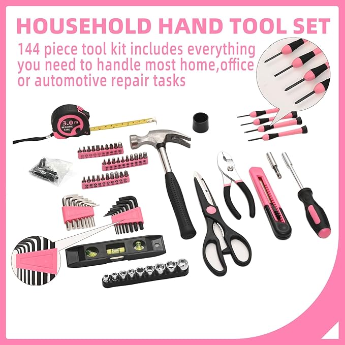 144-Piece Pink Tool Kit Basic Home Repair Tool Set General Household Hand Tool Kit Small Tool Kit with Plastic Toolbox basic home tool kit for Women, Office & College Repairs