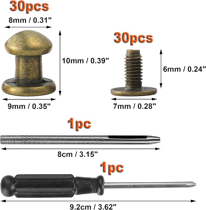 YORANYO 30 Sets 8MM Round Head Button Stud for Leather Chicago Screws Spikes and Stud Leather Rivets Screws Button Rivets for Repair and Decorate Clothing Shoes Belts Bags Dog Collars (Bronze)