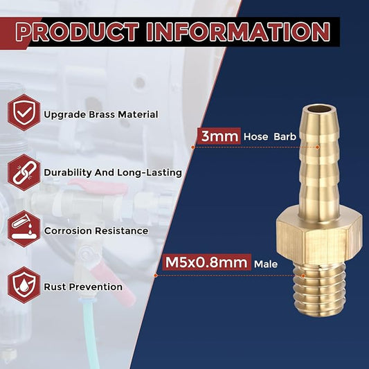 Pack of 8 Brass Hose Barb Fittings Adapter Connector 3mm Hose Barb to M5x0.8mm Male Fittings for Home Machines, Massage Bathtubs, and Irrigation Systems